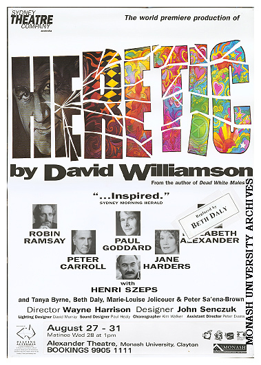Poster for performance of 'Heretic' by David Williamson
