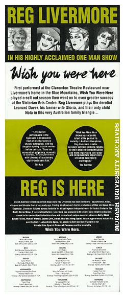 Poster (back) for Reg Livermore in 'Wish You Were Here'