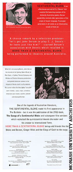 Poster (back) for 'More Than a Sentimental Bloke' performed by John Derum as C. J. Dennis