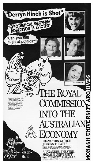 Poster (back) for performance of 'The Royal Commission into the Australian Economy' by John Clarke and Ross Stevenson