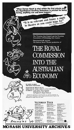 Poster (front) for performance of 'The Royal Commission into the Australian Economy' by John Clarke and Ross Stevenson