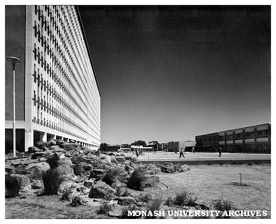 Humanities building from pond with Union building in background