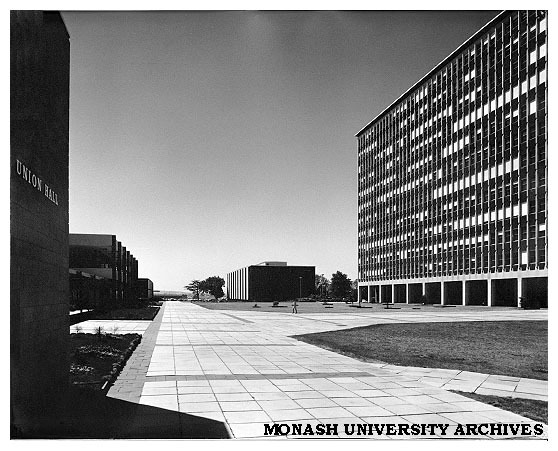 Humanities Building with Main Library in background and forum