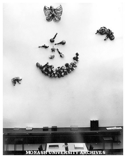 Sculpture 'Homage to Lawrence Hargrave' by John Perceval on wall in Science-Engineering library