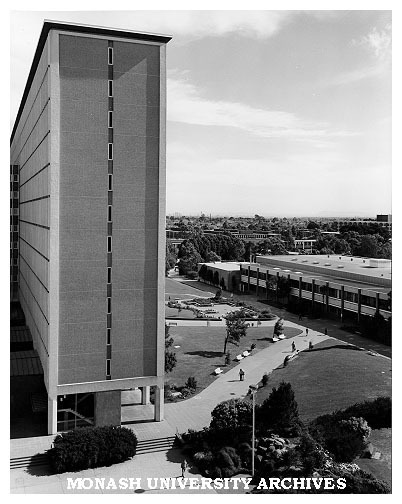 Raised view of Humanities building from south-east with forum and Union building