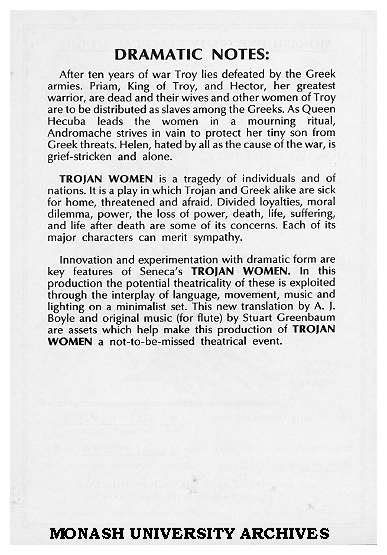 Flyer (back) for performance of 'Trojan Women' by Seneca