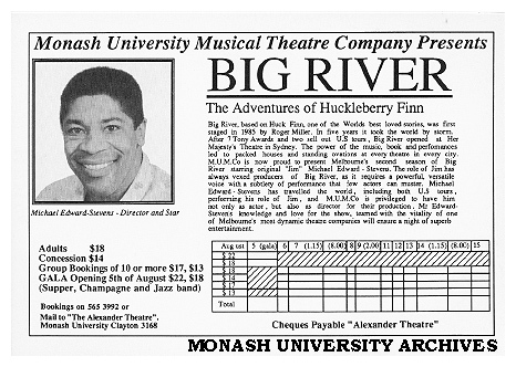 Flyer (back) for performance of 'Big River' by Roger Miller and William Hauptman