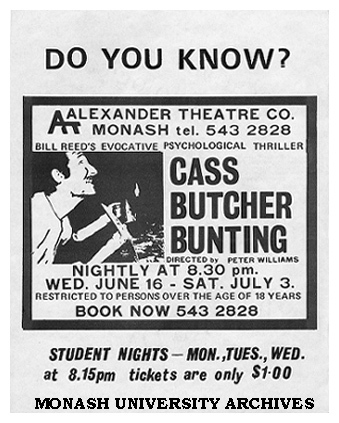 Flyer (front) for performance of 'Cass Butcher Bunting' by Bill Reed