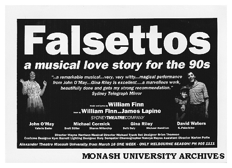 Flyer (front) for performance of 'Falsettos' by William Finn and James Lapine