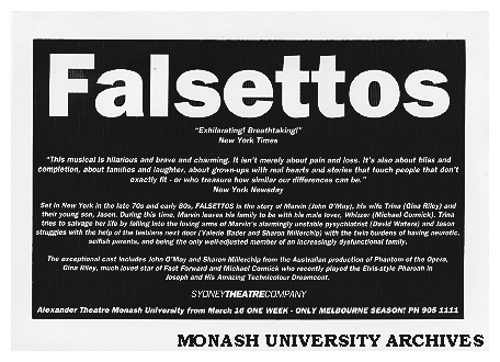 Flyer (back) for performance of 'Falsettos' by William Finn and James Lapine