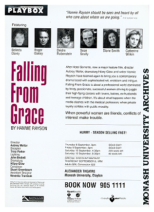 Flyer (back) for performance of 'Falling from Grace' by Hannie Rayson