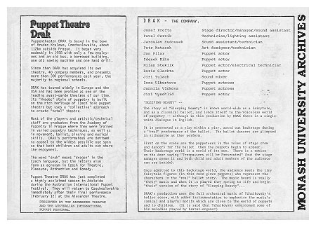 Flyer (back) for 'Sleeping Beauty' by Puppet Theatre Drak
