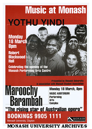 Flyer for 'Music at Monash' with Yothu Yindi and Maroochy Barambah