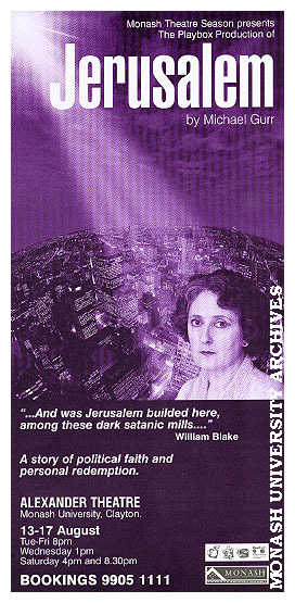 Flyer (front) for performance of 'Jerusalem' by Michael Gurr