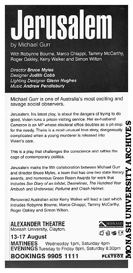 Flyer (back) for performance of 'Jerusalem' by Michael Gurr