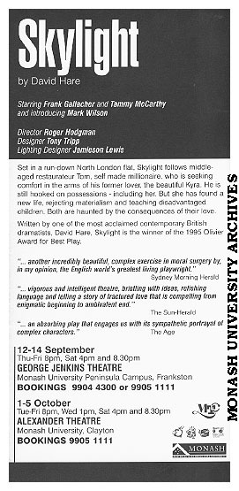 Flyer (back) for performance of 'Skylight' by David Hare