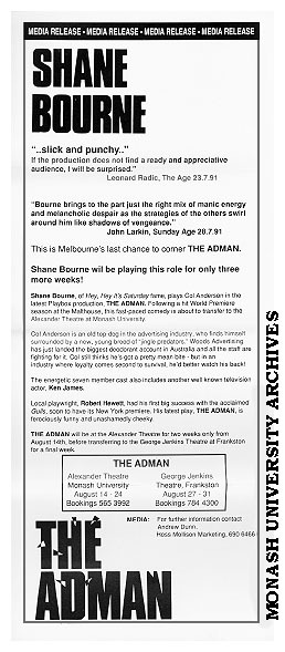 Flyer (back) for performance of 'The Adman' by Robert Hewett
