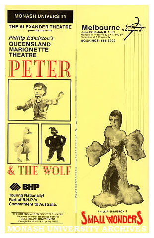 Brochure for 'Peter and the Wolf' and 'Small Wonders' performed by Queensland Marionette Theatre