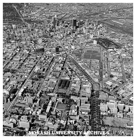 Aerial view of Melbourne with University of Melbourne in foreground