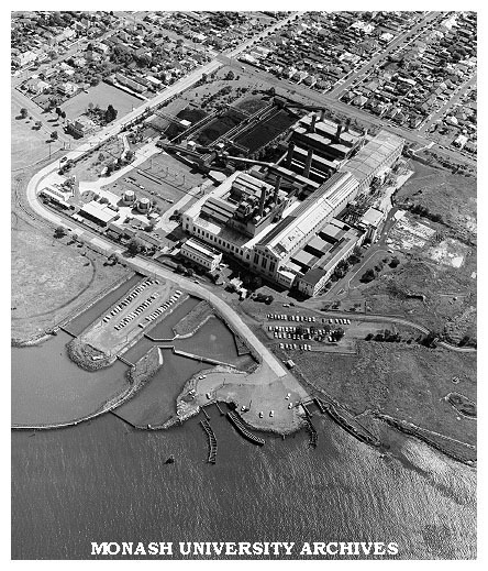 Aerial view of Old Newport power station and old ferry wharf at Lower Yarra River