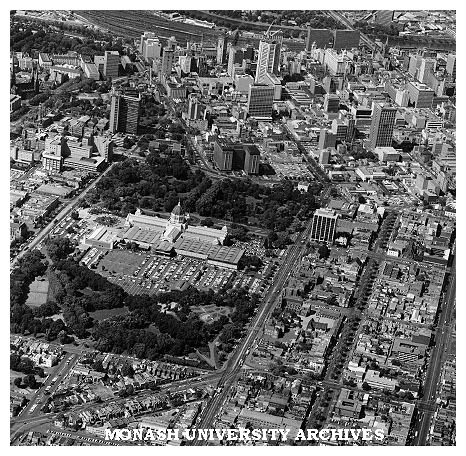 Aerial view of eastern end of Melbourne CBD with Exhibition Buiding in foreground