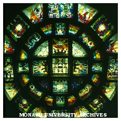 Lindesay Clark window by Leonard French, from interior of Robert Blackwood Hall