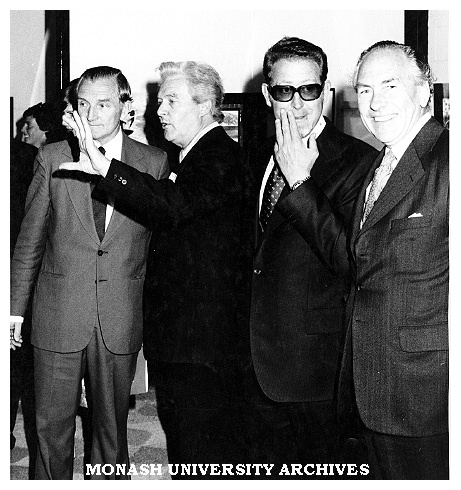 GIAE opening ceremony guests. L to R: Senator John Carrick (Federal Minister for Education); Mr Cornelis Hos (Chairman School of Visual Arts); Mr Max Hopper (Director GIAE); unknown