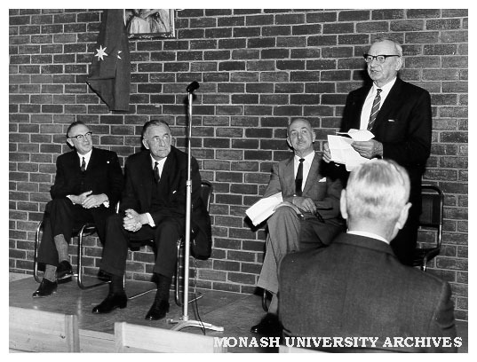 Official opening of Queens Avenue buildings, Caulfield Technical College. From left: Mr A.E. Lambert, Principal; the Hon. J.S. Bloomfield, Minister of Education; Mr K.H. Boykett, President of the College Council; and Sir A.A. Fitzgerald