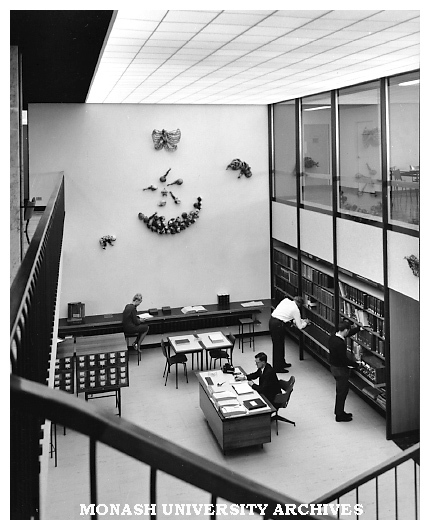 Science-Engineering library interior showing wall sculpture, 'Homage to Lawrence Hargrave' by John Perceval