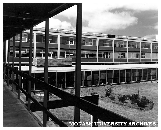 Engineering building and courtyard from walkover