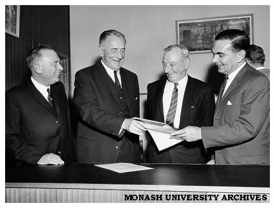 Official opening of Queens Avenue buildings, Caulfield Technical College. From left: Mr A.E. Lambert, Principal; the Hon. J.S. Bloomfield; Minister of Education; and Sir A.A. Fitzgerald.
