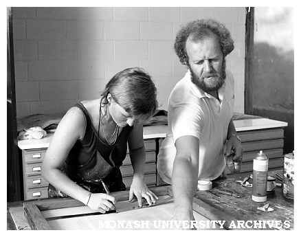 Tutor in printmaking Mr John Neeson at work with printmaking student Georgina Clark