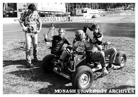 Mileage Marathon camera car and crew. L to R: Mechanical Engineering lecturer Mr Don Scutt, student driver Mr Paul Tuck and cameraman Mr Rob Pignolet (EDU)