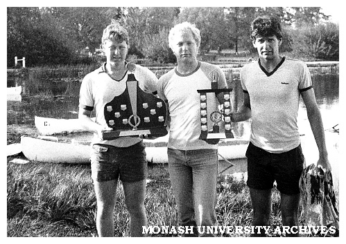 Sean Davis, Andrew Plaill and Brad Little, Civil Engineering students and concrete canoe makers with trophies at Lake Wendouree