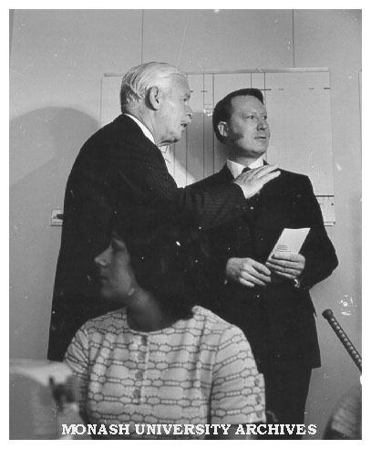 50th Anniversary celebrations, Caulfield Institute of Technology. Sir Rohan Delacombe with Manager of the Computer Centre Mr John Dann