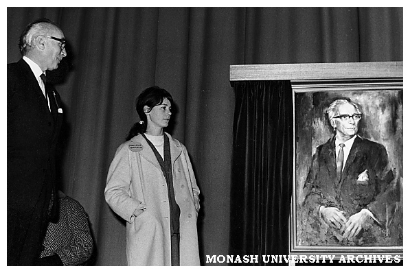 Presentation of portrait by Christine Backhouse (centre) to Vice Chancellor Sir Louis Matheson