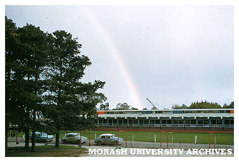 Science buildings, with rainbow