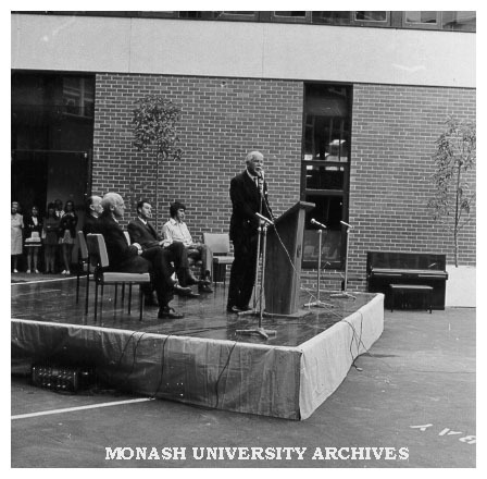 Opening of the 50th Anniversary celebrations, Caulfield Institute of Technology. Governor Sir Rohan Delacombe and CIT personalities on stage