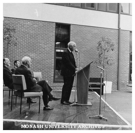 Opening of the 50th Anniversary celebrations, Caulfield Institute of Technology. Governor Sir Rohan Delacombe and CIT personalities on stage