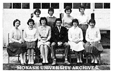 Social Committee, Frankston Teachers' College. Back row: Elaine, Sue, Judy, Robyn. Front row: Violet, Sandra, Mrs MacMahon, Jim, Beverly, Lyndall
