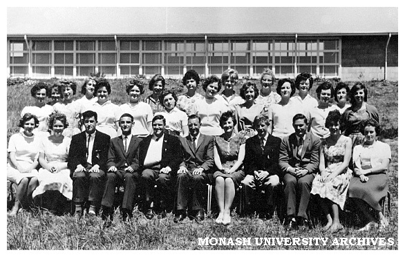 First year students (Group D1), Trained Primary Teachers' Certificate course, Frankston Teachers' College. Mrs M. McMahon (seated, 5th from right)