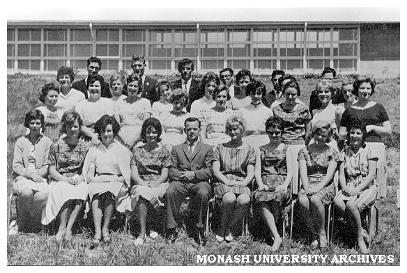 First year students (Group G1), Trained Primary Teachers' Certificate course, Frankston Teachers' College. Mr Lacey (front row)