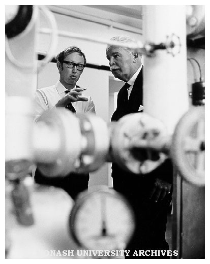 Sir Rohan Delacombe at Caulfield Institute of Technology's 50th Anniversary celebrations with Mr Stewart Major, lecturer in Mechanical Engineering