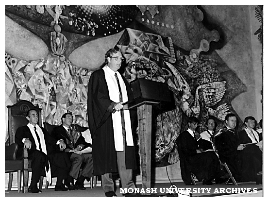 Mr Brian Lowrie, President of Victorian Branch of Pharmacy Guild of Australia at 1987 Opening Ceremony of Victorian College of Pharmacy