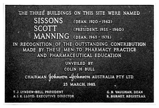 Plaque to commemorate the naming of three buildings on Parkville campus of Victorian College of Pharmacy