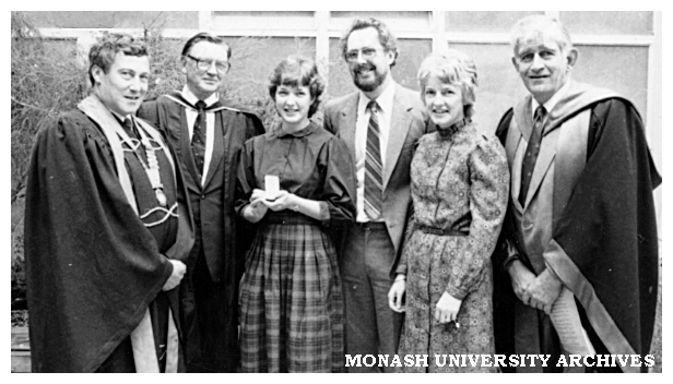 Lynn Gilmour (3rd from left), 1982 Gold Medallist at the Victorian College of Pharmacy Prize Award Ceremony with Tam Lynden-Bell (President), Colin Bull, Mr and Mrs Gilmour and Geoffrey Vaughan (left to right)