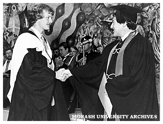 David Porritt (left) receiving Bachelor of Pharmacy from Thomas Lynden-Bell, President, Victorian College of Pharmacy