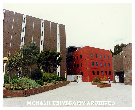 North-west view of Information Services Building with Main Library on the left and Rotunda on the right