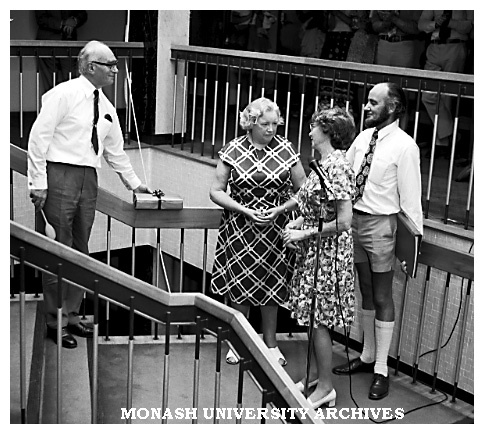 Vice-Chancellor Louis Matheson and Mrs Audrey Matheson at farewell presentation by Keith Bennetts