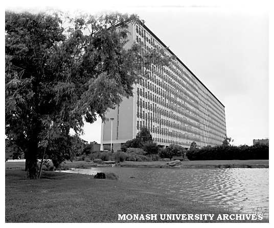 Menzies building with pond in foreground